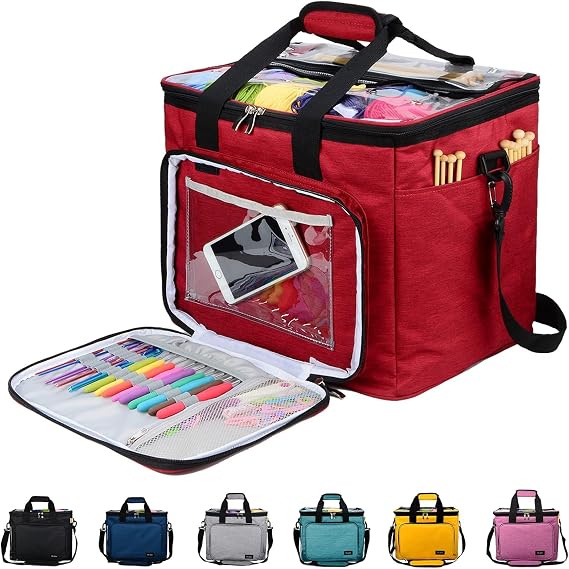 Hoshin Knitting Bag for Yarn Storage, High Capacity Yarn Totes Organizer with Inner Divider Portable for Carrying Project, Knitting Needles(up to 14), Crochet Hooks, Skeins of Yarn (Red)