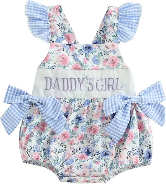 Bonangber Newborn Baby Girl Summer Clothes Flower Letters Print Fly Sleeve Bow Romper Infant Bodysuit Cute Daddys Girl Outfit