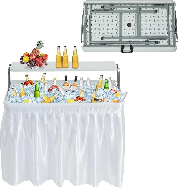 Outdoor Ice Cooler Folding Table, Portable Cooler Table with Removable Matching Skirt, Folding Ice Chest Table with Place Holder White