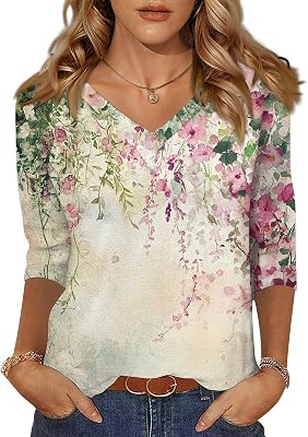 SERYU 34 Sleeve Shirts for Women Fall Fashion V Neck Dressy Casual Blouses Trendy Tunic Tops for Leggings 2025