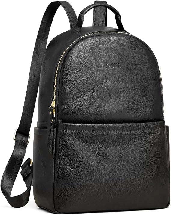 Kattee Genuine Leather Anti-Theft Backpack Purse for Women, Black | Soft top grain leather with secure back access, multiple zip pockets, fits 14.1" Tablet, work casual daypack fashion.