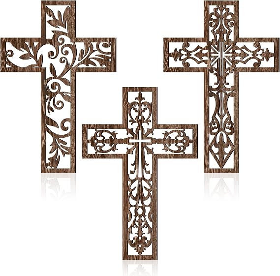Yookeer 3 Pcs Wooden Cross Wall Decor Cross Hanging Handmade Antique Religious Brown Wooden Home Decorations Hand Carved Wall Decor for Church Home Office Baptism Gift for Christian