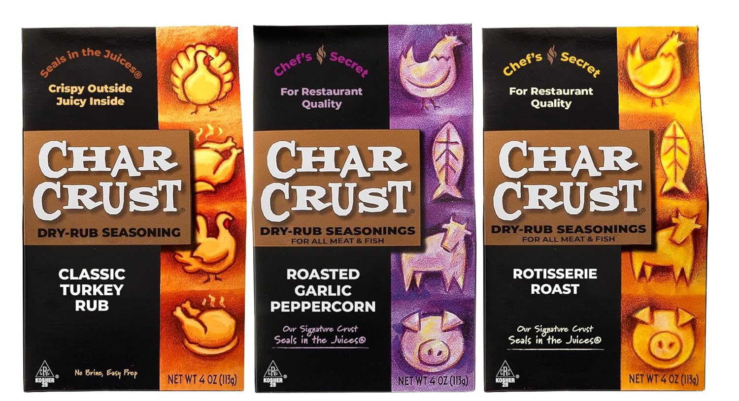 3-Flavor ROASTING PACK, Rotisserie Roast, Roasted Garlic Peppercorn, Classic Turkey Rub, 4 oz Each 3-Pack, Roasting Set