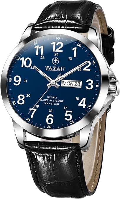 Taxau Men's Watch Big Face Easy Read Arabic Numeral Dress Watches for Men Classic Black Brown Leather Band Analog Mens Wrist Watch with Day and Date Fashion Business Waterproof Luminous Quartz Watch