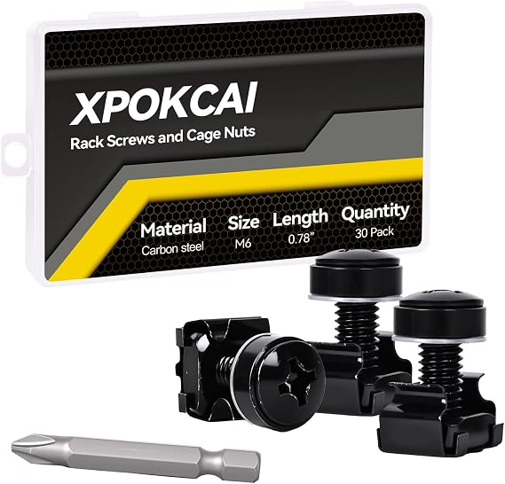 30-Pack M6 x 20mm Rack Mount Screws and Cage Nuts for Server RacksRouters&Audio Equipment Cabinets Wall Server Network Enclosure Mount Screws