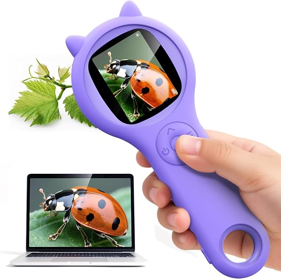 Ashfly Kids Microscope, 500X Digital Magnifying Glass, STEM Toy, Purple | 2-inch IPS screen, 8 adjustable LEDs, macro autofocus, built-in photo storage, USB-C charging and Windows PC viewing