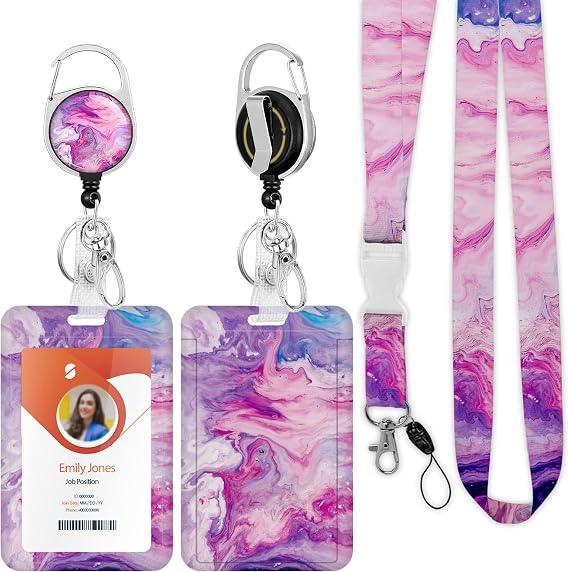 ID Badge Holder with Lanyard,Retractable ID Badge Card Holders Detachable Neck Lanyard Strap with Badge Reel and Vertical ID Holder for Nurse Students Teachers Office Staff(Marble Purple White)