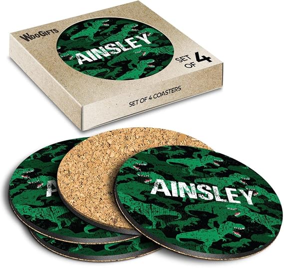 4 x Boxed Round Coasters - Name Ainsley TRex Dinosaur Tyrannosaurus Letter Lettering Initial Cork Backed MDF Glossy Tea Coffee Accessory #259848