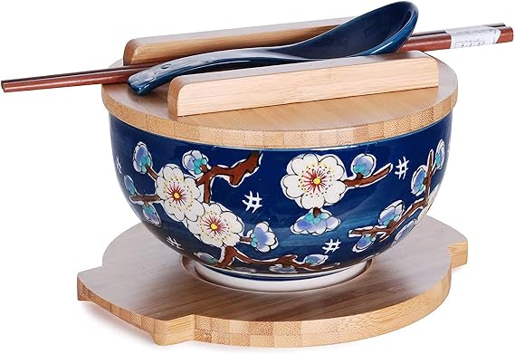 HSKM-CHRYB8, Japanese Kamameshi Vintage Style Rice Noodle Ramen Bowl with Bamboo Lid Trivet Chopsticks and Porcelain Spoon Bowl Set, Cherry Blossom