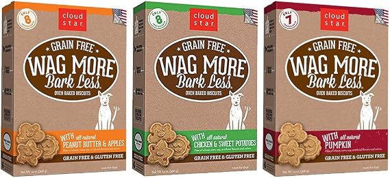 Cloud Star Wag More Bark Less Grain Free 14 Ounce Oven Baked Biscuits, 3 Pack Bundle (Chicken and Sweet Potatoes, Peanut Butter and Apples, and Pumpkin)