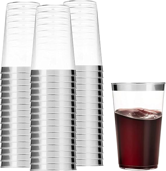 Munfix 100 Silver Plastic Tumblers - 16 Oz Clear, Elegant Wedding & Party Cups with Silver Rim