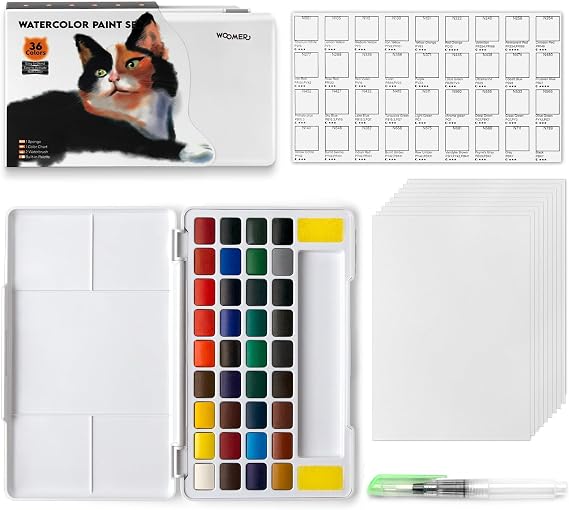 Woomer 36-Color Watercolor Paint Set for Beginners with Large Mix Palette | All-in-One, Brush, Paper & Sponges, Smooth Reactivation, Lightweight Plastic Case, Practice & Travel Sketching