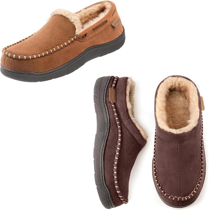 Two Styles for Men Set of 2 Pairs Size 9-10&10,Men's Slip On Moccasin Slippers, Indoor/Outdoor Warm Fuzzy Comfy House Shoes, Fluffy Wide Loafer Slippers,Coffee&Tan