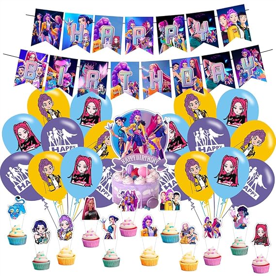 Demon Movie Hunters Birthday Decorations,Demon Movie Hunters Party Supplies Include Happy Birthday Banner, Cake Topper and Cupcake Toppers, Balloons for Kids Party Decor