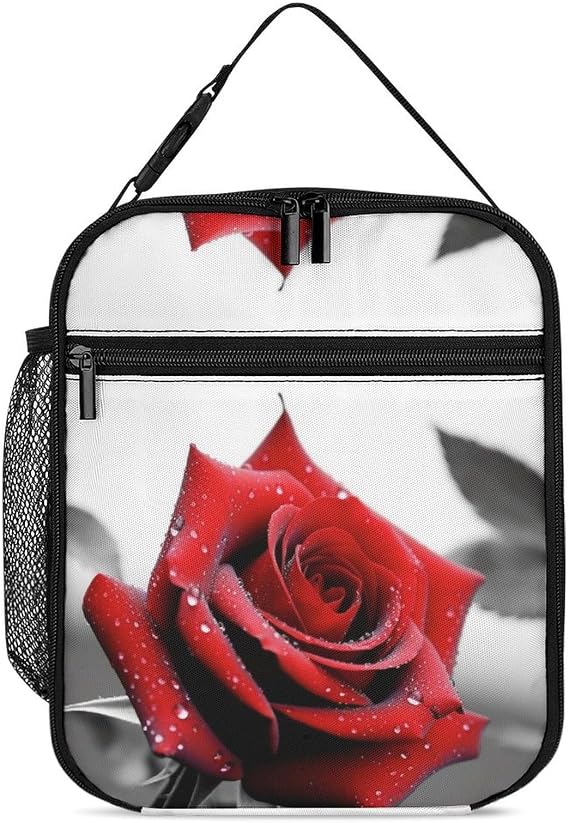 Lnsulation Lunch Box LargeBlack And White Red Rose Printed Lunch Bag Reusable Lunch Tote Bag,for Man And Women Work, Picnic, And Outdoors
