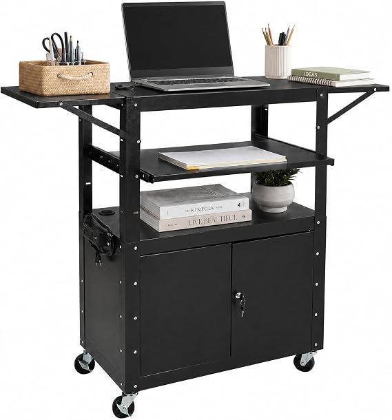 Portable AV Cart with Locking Storage Cabinet, Adjustable Laptop Stand & Drop Leaves, Rolling Workstation with Power Outlets for Classroom, Office, or Home Use