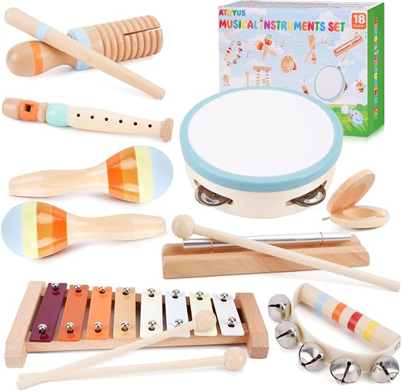 Wooden Toddler Musical Instruments Set, Montessori 18 Month Old Baby Musical Toys, Kids Percussion Instruments Xylophone Maracas for Toddlers 2 3 4, Preschool Christmas Birthday Gifts for Girls Boys