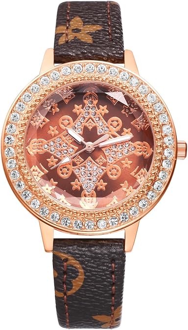 JewelryWe Women Leather Wrist Watch: Ladies Brown Elegant Analog Quartz Watches Female Dress Patterned Strap Rhinestone Wristwatch