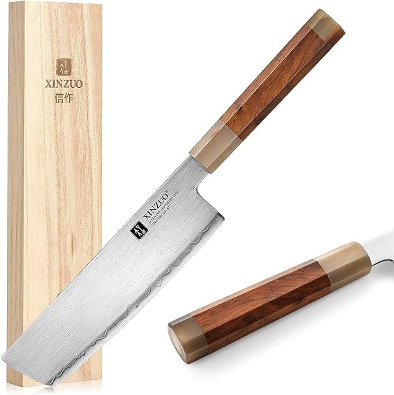 XINZUO Japanese Nakiri Knife 7 Inches,Professional High Hardness High Carbon ZDP-189 Power Steel Kitchen Knife,Sharp Meat Vegetable Knife,Octagonal Handle with Desert Ironwood