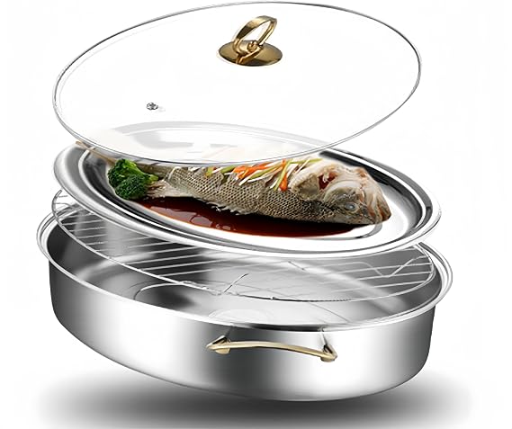 Fish Steamer Pot for Cooking: 304 Stainless Steel Stock Pot Cooking Steamer with Rack, Cooking Tray, Anti-scalding Clip, Multi-Use Oval Pots Cookware for Steaming Fish, Boiling Soup