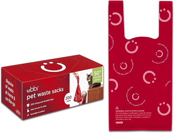 Ubbi Pet Waste Sacks, Lavender Scented Cat Litter Disposal Bags, Leak Proof and Easy Tie, 200 Count (Pack of 1) | Cat Litter & Dog Waste Disposal Bags, Leak-Proof Easy-Tie Tabs, Odor Control Bags, Made from 50% Recycled Materials