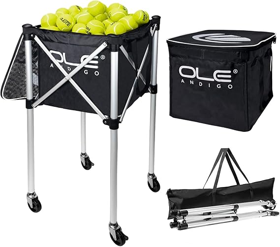 Tennis Ball Hopper Tennis Ball Basket with Side Pockets Lightweight Tennis Ball Cart Holds 160 Balls, Portable Sports Teaching Cart with Wheels for Tennis Player