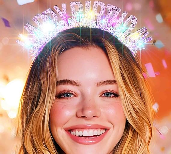 Light Up Happy Birthday Headband LED Tinsel Crown Glitter Birthday Hair Accessories for Women