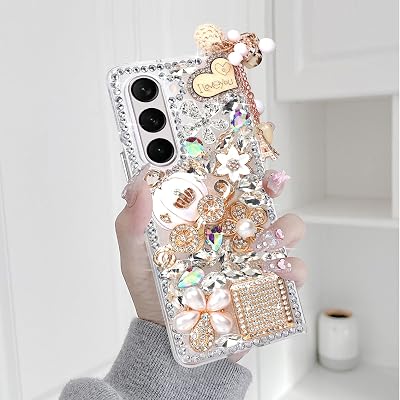 Omio for Galaxy Z Fold 6 5G Case Bling, Luxury 3D Handmade Sparkle Rhinestone Iron Tower Pendant Pumpkin Car Flowers Crystal Diamond Glitter Hard PC Case for Women Girls, White