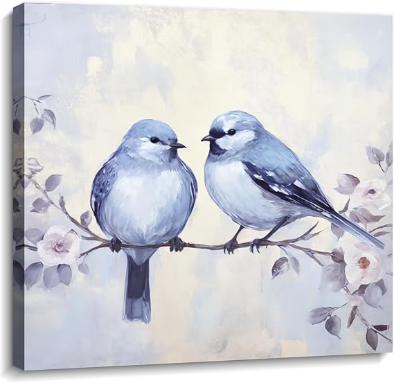Birds Canvas Wall Art Love Birds on Tree Branches Picture for Living Room Home Office Decor Framed(Bird-1,12.00"x12.00")