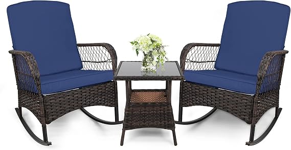 LEVELEVE 3 pcs Rocking Bistro Set Conversation Chairs with Arm Rest, Cushion Availability PE Wicker Outdoor Rocking Chairs for Relaxing(Dark Blue)