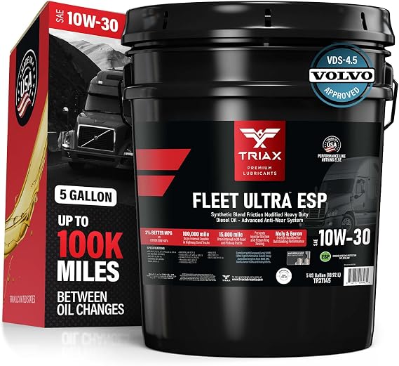 TRIAX Fleet Ultra ESP 10W-30 API CK-4 Licensed Synthetic Blend, Moly and Boron Performance Boosted, Heavy Duty Diesel Engine Oil, Compatible with Volvo, Mack, Cummins, DD (5 Gallon)