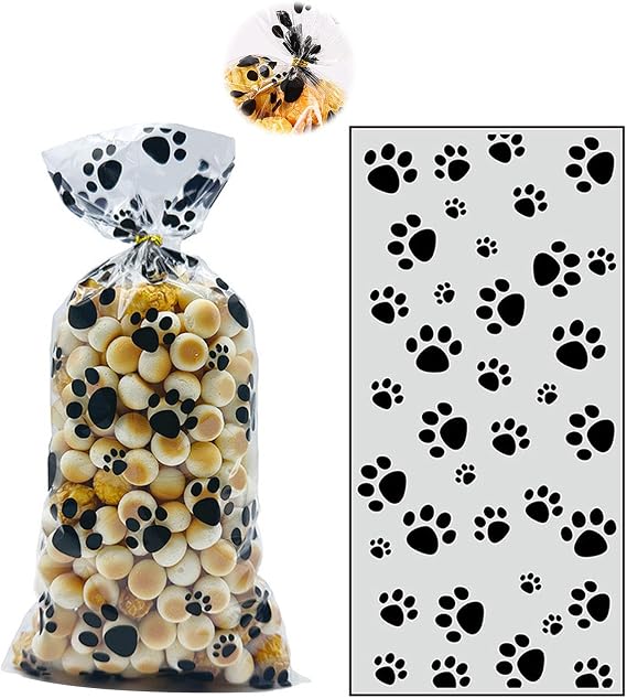 100Pcs Clear Cellophane Bags with Paw Print,Treat Bags​for Candy Cookie, Sweet Bags,Cookie Bags， Clear Plastic Bags for Party Favors Pet Theme Gift Packaging