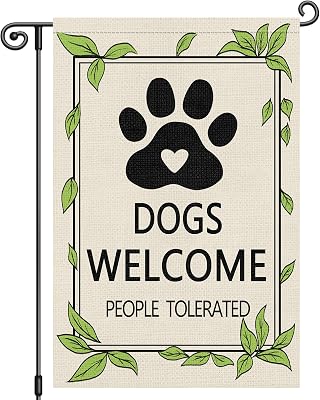 Louise Maelys Welcome Dogs Garden Flag Pet Friendly People Tolerated 12x18 Inch Double Sided Small Burlap Holiday Yard Outdoor Sign Outside Home House Spring Decoration