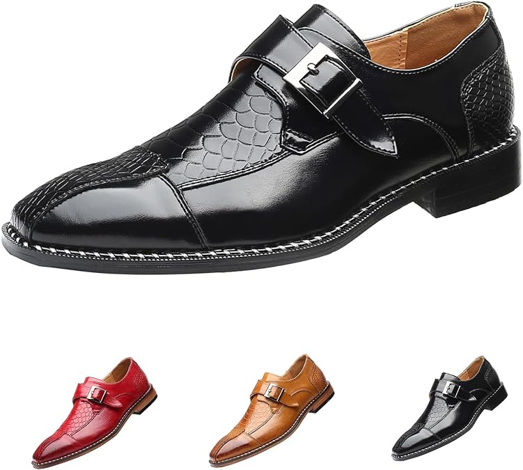 Pointed Toe Dress Oxfords Shoes for Men with Monk Strap, Vintage Casual Slip-on Hand Stitched Stacked Heel Wide Derby Shoe for Office Work Business Fashion