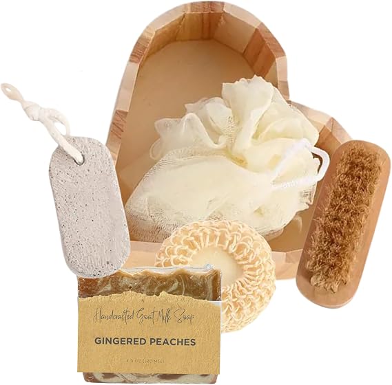 Bath Sets for Women Gift Bath Sponge, Feet Scrubber, Body Brush, Goat Milk Soap Gingered Peaches - Perfect Gifts for Women & Mom, Bath Spa Gifts in Heart-Shaped Box, Skin Care Set