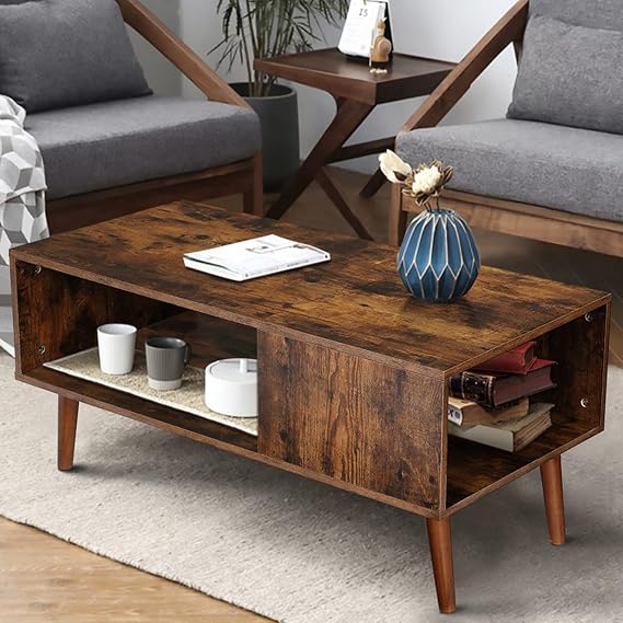 Modern Coffee Table Wood Coffee Tables for Living Room Small Mid Century Boho Coffee Table with Storage Retro Coffee Table for Home, Easy Assembly Vintage Look Furniture, Rustic Brown