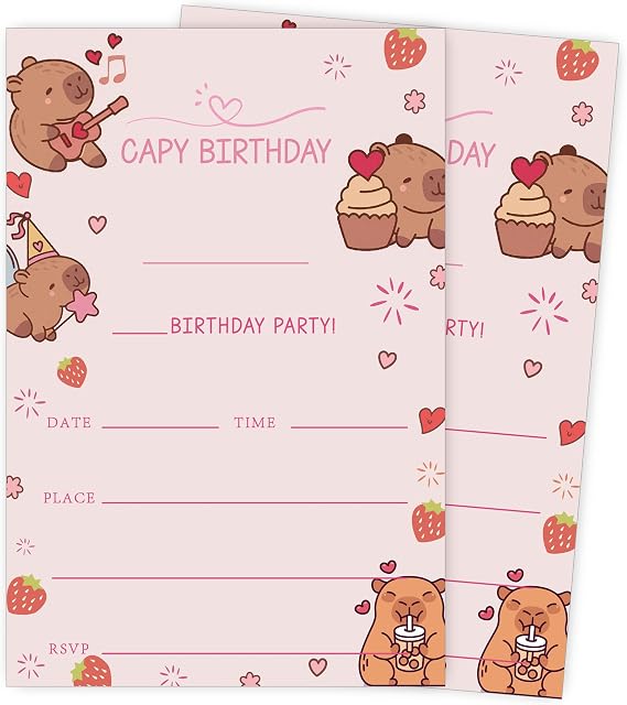 Pink Capybara Birthday Party Invitations, Cute Capybara Birthday Invitations for Girls Boys, Funny Animal Party Decorations, 20 Double-Sided Invitation Cards with Envelopes, 4x6 Inch-B22