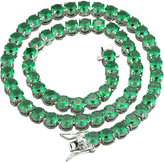 Apzzic 7mm Iced Out Emerald Tennis Chain Green Rhinestone Choker Cubic Zirconia Round Diamond Hip Hop Necklace Bracelet for Men Women