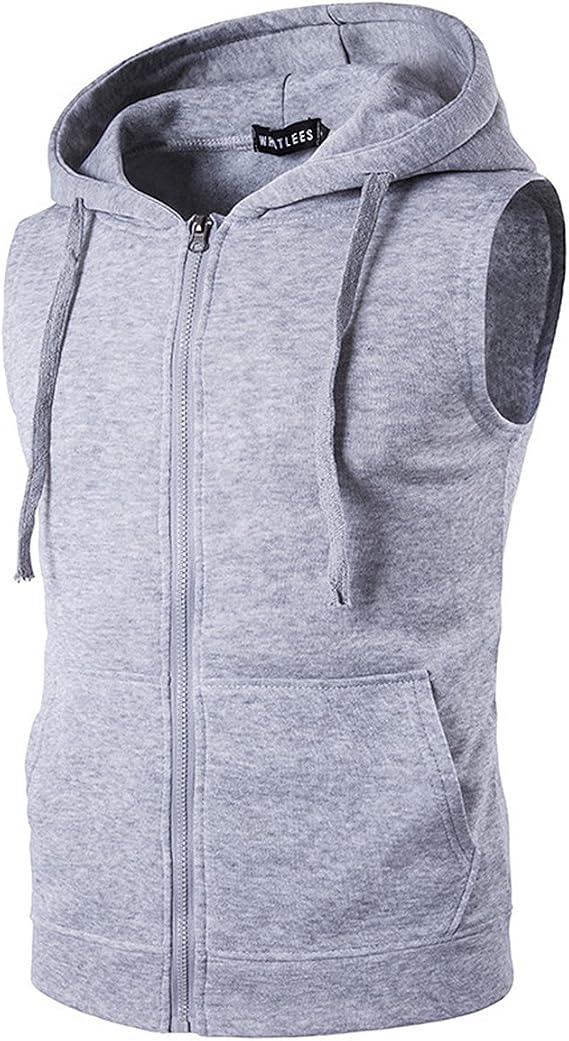 Mens Hipster Hip Hop Sleeveless Sweatshirt Hoodie Zip Up Longline Tank Top (Lightgrey, 2XL)