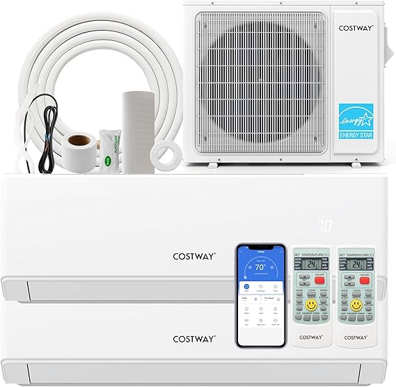 COSTWAY 18k Dual 2 Zone Mini Split Air Conditioner, 22 SEER2 7000 BTU+ 9000 BTU, 208-230V, Wifi Enabled Multi Zones Mini Split AC Heat Pump Full Set, Ductless Energy Star