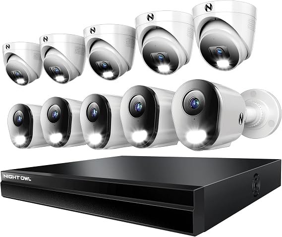 Night Owl Power Over Ethernet 24 Channel NVR Video Home Security Camera System with (10) Wired IP 4K HD Indoor/Outdoor Deterrence 5 Dome/5 Bullet Cameras and 4TB Hard Drive (5 Bullet/5 Dome)