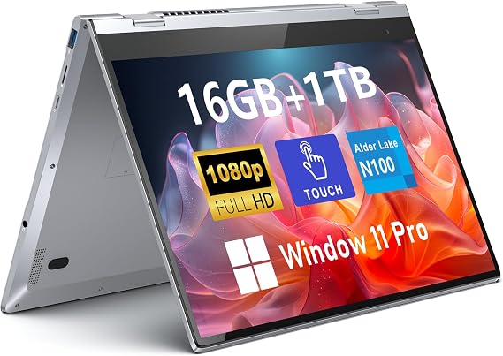 FUNYET Touchscreen Laptop Computer 2026, 14 Inch 2 in 1 Gaming Lap Top Windows 11 Pro, 16GB RAM 1TB SSD, Intel N100 Processor, Office 365, Fingerprint Unlock, Backlit Keyboard, Wi-Fi 6