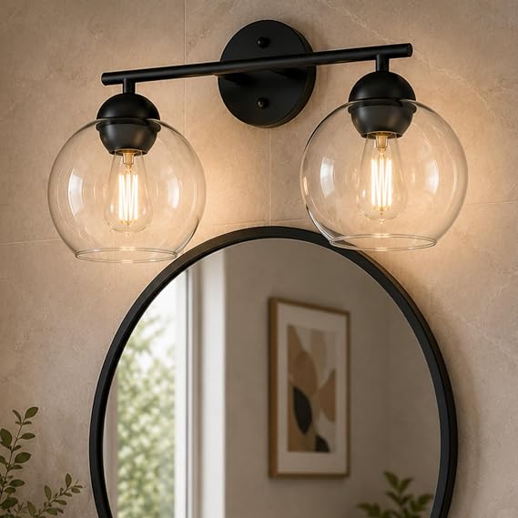 Emak 2-Light Black Bathroom Light Fixtures Over Mirror, Globe Bathroom Vanity Lights with Clear Glass Shade, VL114-BKL-2
