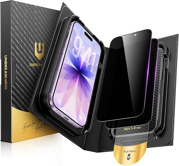 UNBREAKcable Privacy Screen Protector for iPhone 17 2 Pack | Auto Dust Elimination Kit, Full Coverage Film, 28 Anti Spy, 9H Shatterproof Tempered Glass, Bubble Free Install