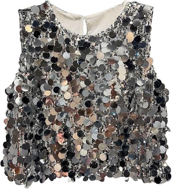 Sequin Tank Top for Teen Girls Party Glitter Vest Sparkly Sleeveless Crewneck Shirts Stage Performance