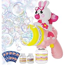 Bunny Bubble Gun Machine for Girl Easter Basket Stuffer, 360 Leak-Proof LED & 10,000+ BPM, Includes Surprise Stickers, Outdoor Birthday for Toddlers Ages 3-6