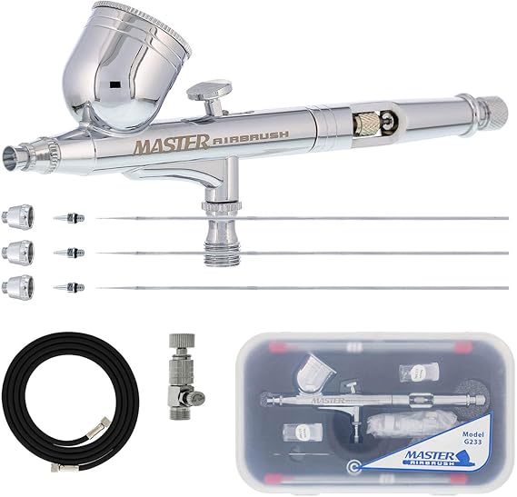 Master Airbrush G233 Performance Pro Airbrush Kit with 3 Nozzle Sets, Hose