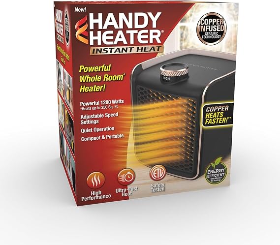 Handy Heater Instant Heat - Copper Infused Ceramic Technology Space Heater, 1200 Watts, Portable Heater for Office, Bedroom or Any Indoor Space, Adjustable Heat, Quiet & Cordless Personal Heater