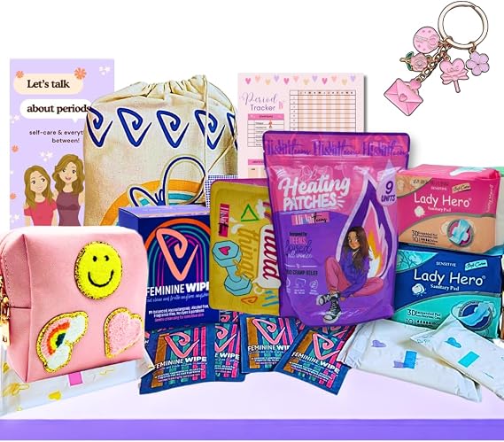 ELI&VAL Tween Teens Period Starter Kit - First Period Kit for Girls 10-12, School Supplies - Comfort Fit Feminine Teen Pads, 56 Count