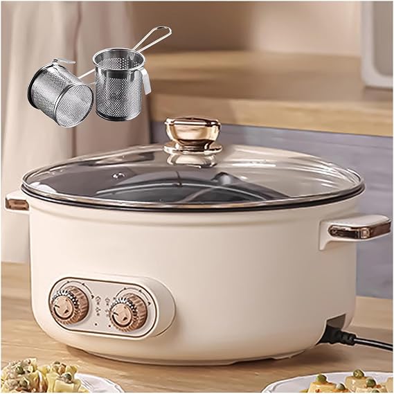 Self Heating Hot Pot, Double control switch, Non-Stick Liner Chinese Hotpot Hot Pot, Ideal for Family Gatherings (with 2 Leaky Nets),6.5L